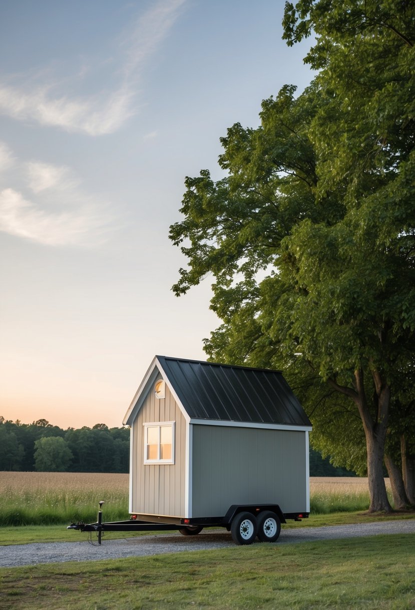 A small house on wheels parked in a rural Delaware county, surrounded by trees and open fields. No other houses are nearby