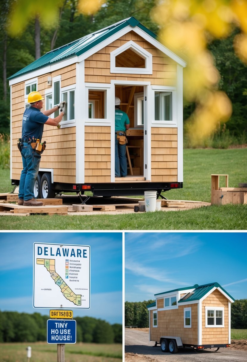 A builder constructing a tiny house in Delaware, with a map showing counties allowing tiny houses