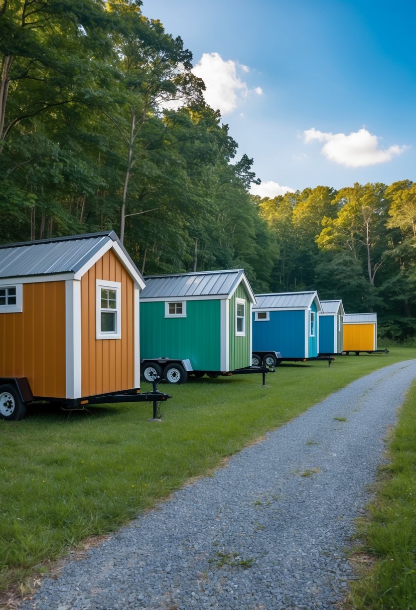 A row of colorful tiny homes for sale in Delaware, nestled in a lush, wooded setting with a clear blue sky overhead