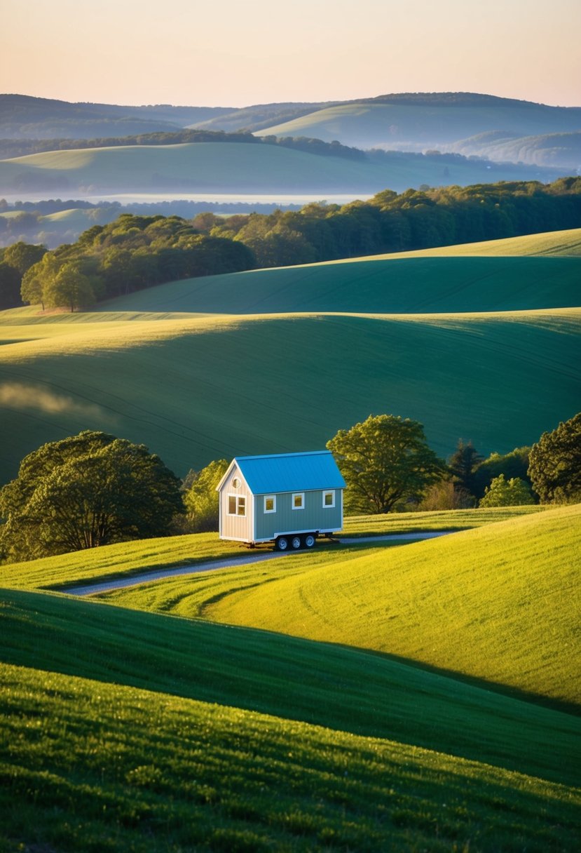 A serene countryside with rolling hills and lush greenery, showcasing potential spots for installing a tiny home in Delaware