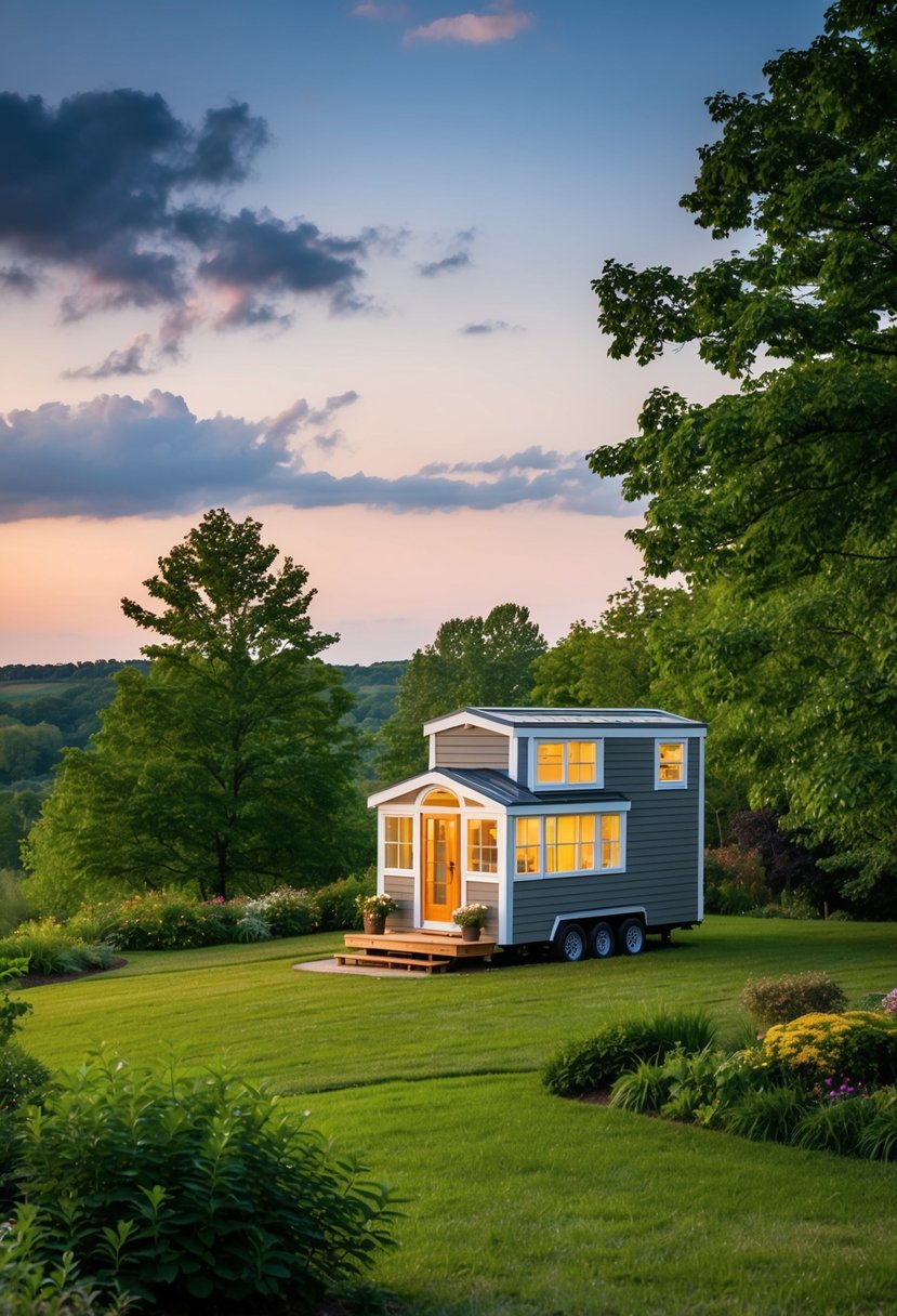 A cozy tiny home nestled in a picturesque Delaware landscape, surrounded by lush greenery and a peaceful atmosphere