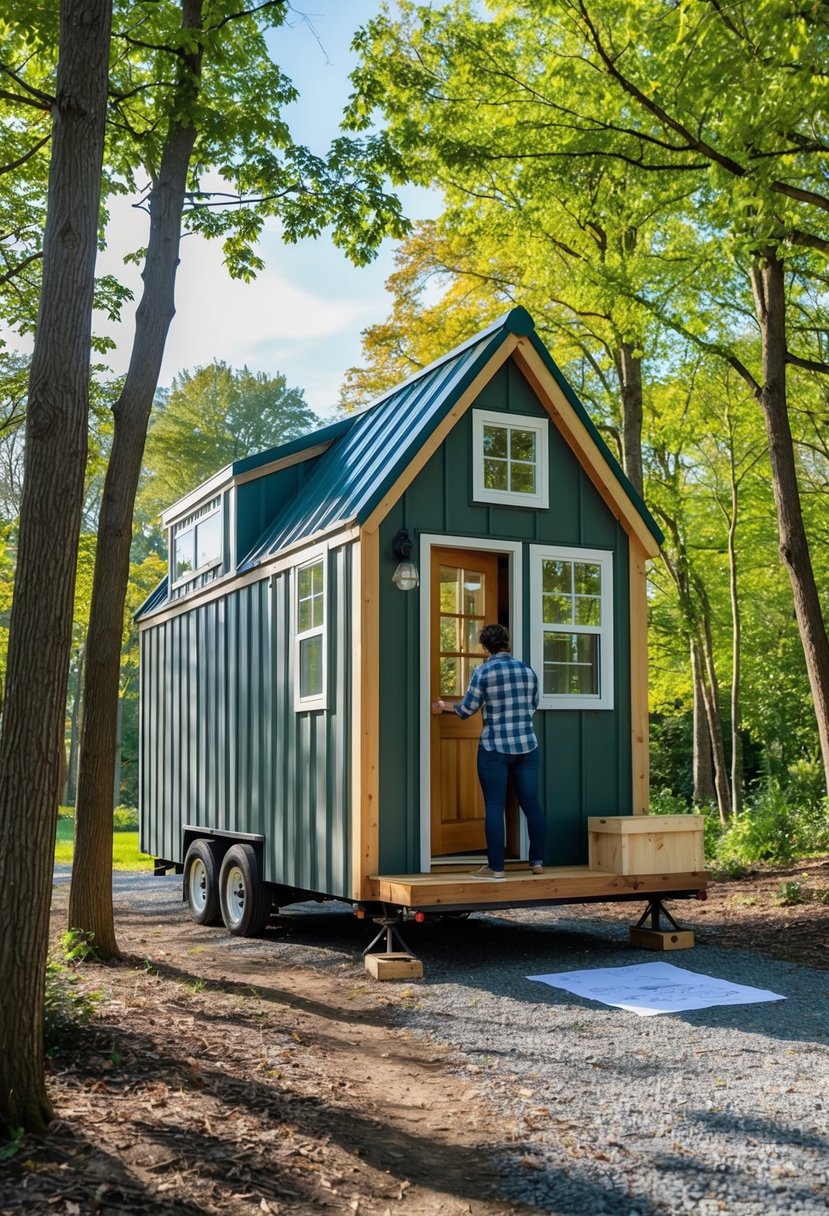 A sunny day in Delaware, a cozy tiny home sits nestled among the trees. A person is seen sketching out plans and measurements for their new living space