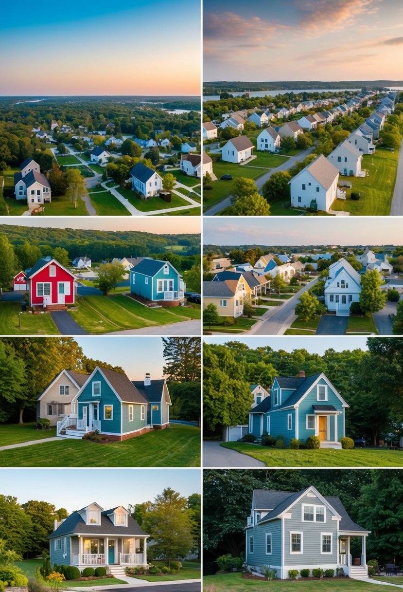 Tiny homes scattered across various cities in Delaware, surrounded by lush greenery and nestled in serene neighborhoods