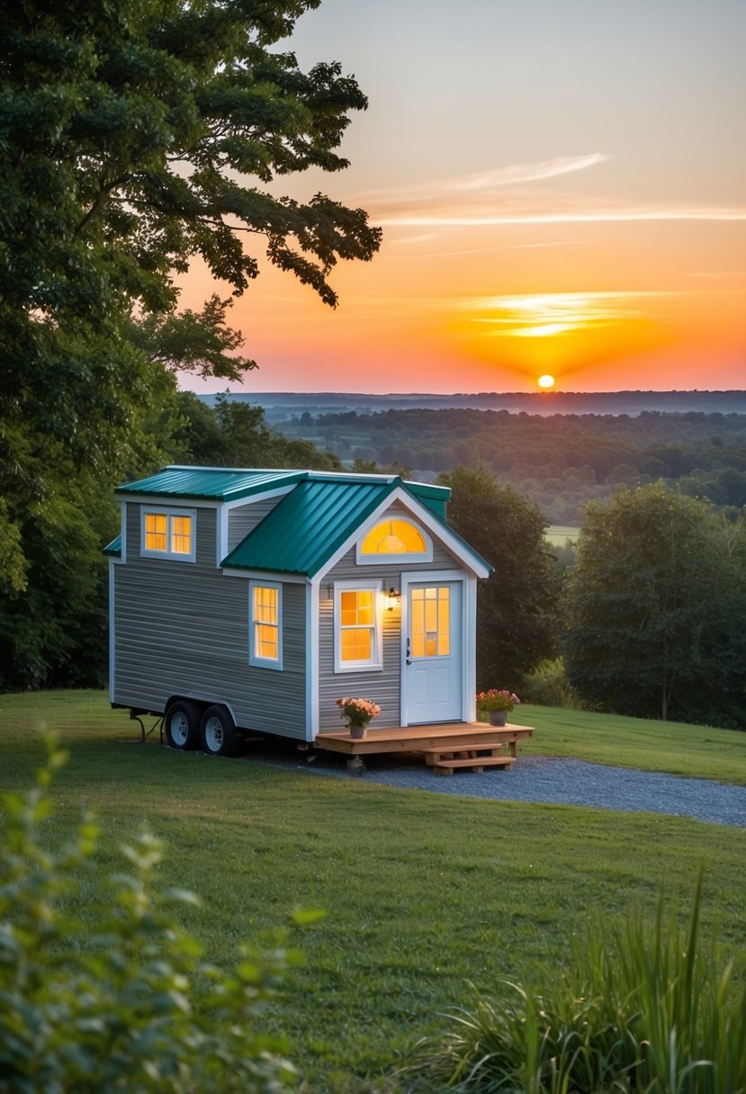 A cozy tiny home sits on a tranquil plot of land in Delaware, surrounded by lush greenery. The sun sets in the distance, casting a warm glow over the charming exterior of the home