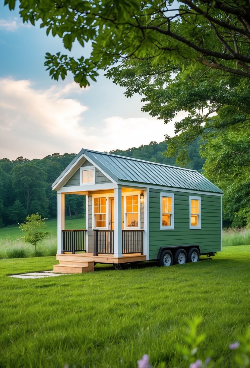 A cozy tiny home nestled in a lush green landscape, with a small porch and large windows letting in plenty of natural light