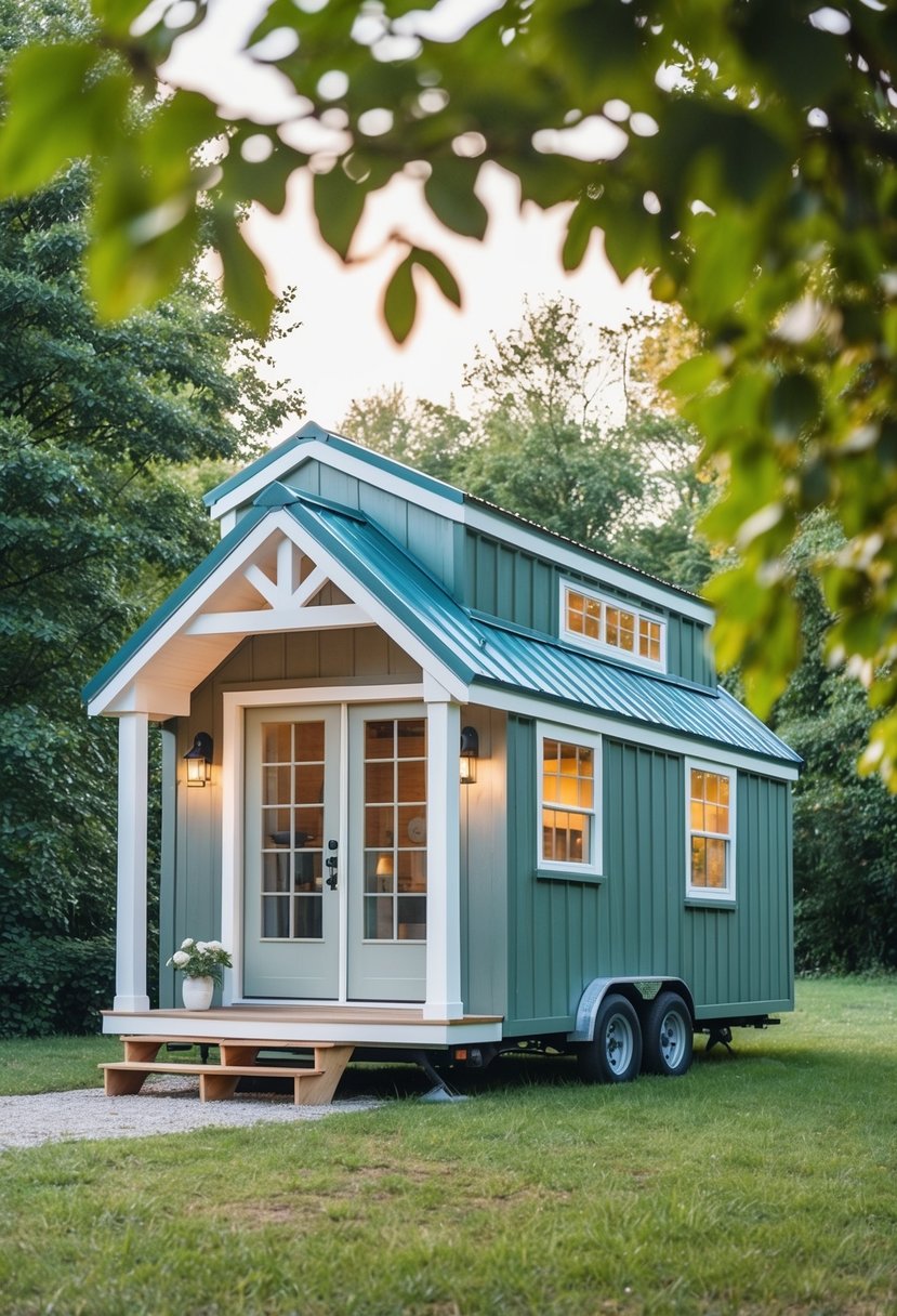 A cozy tiny home with a sloped roof, large windows, and a small porch. It is surrounded by greenery and nestled in a peaceful, wooded area