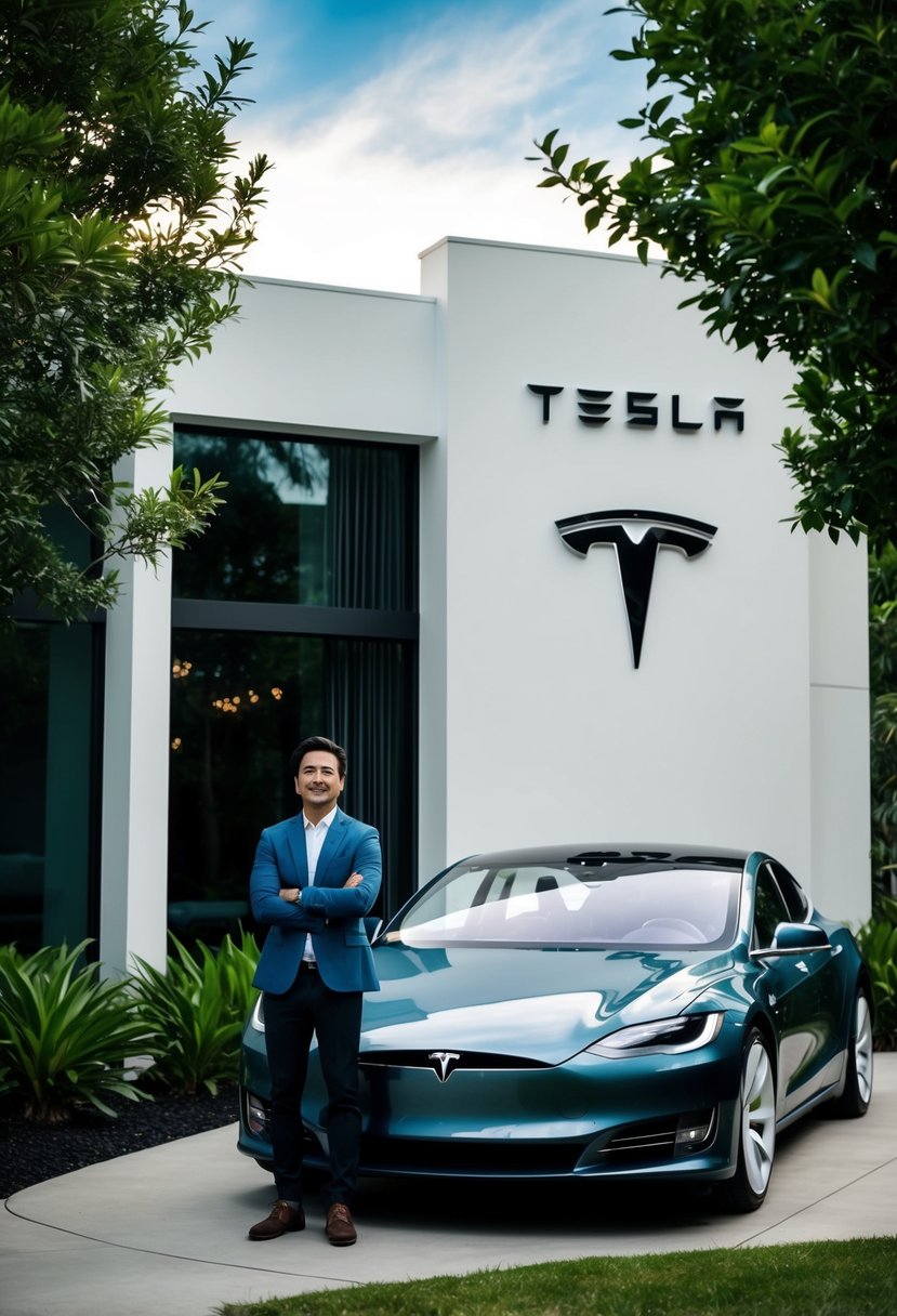 A person standing in front of a sleek, modern house with a Tesla logo on the exterior. The house is surrounded by lush greenery and has a futuristic, high-tech feel