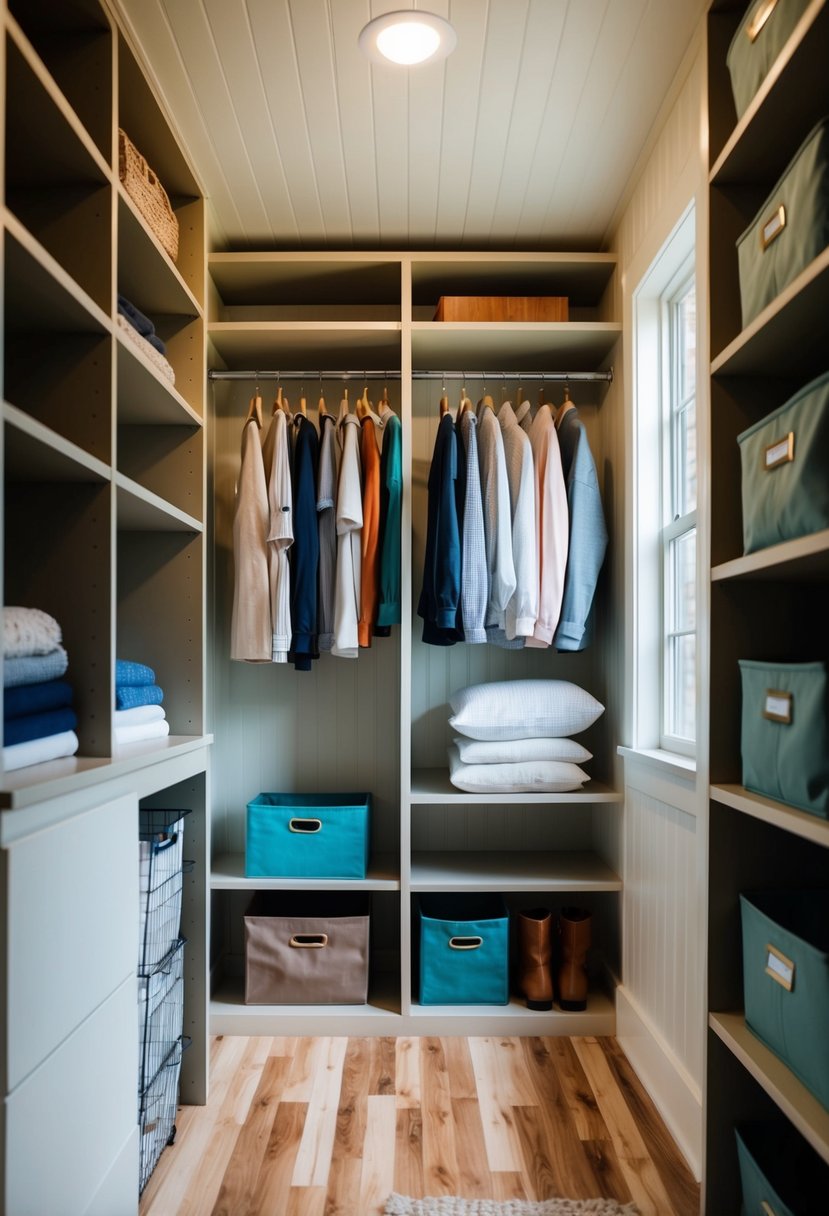 A neatly organized tiny house clothes closet with shelves, hanging space, and storage bins