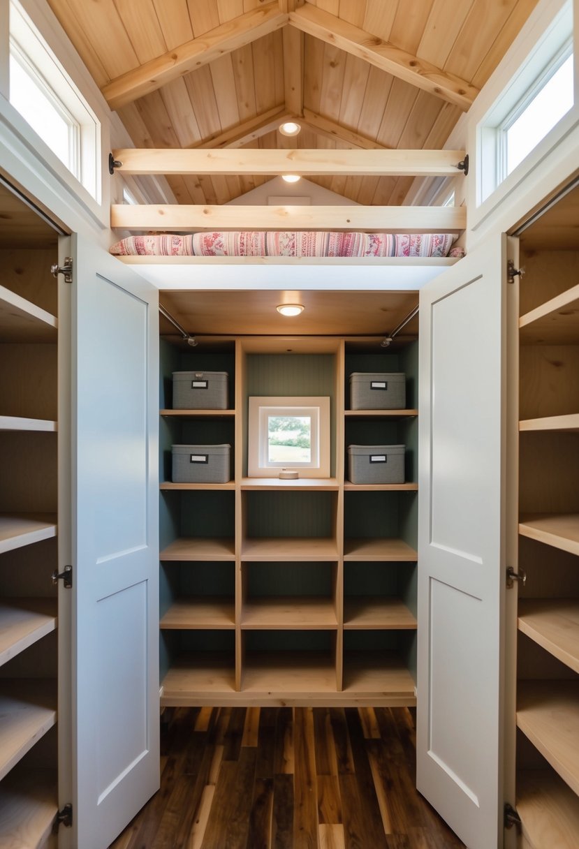 A cozy loft with built-in storage shelves in a tiny house closet