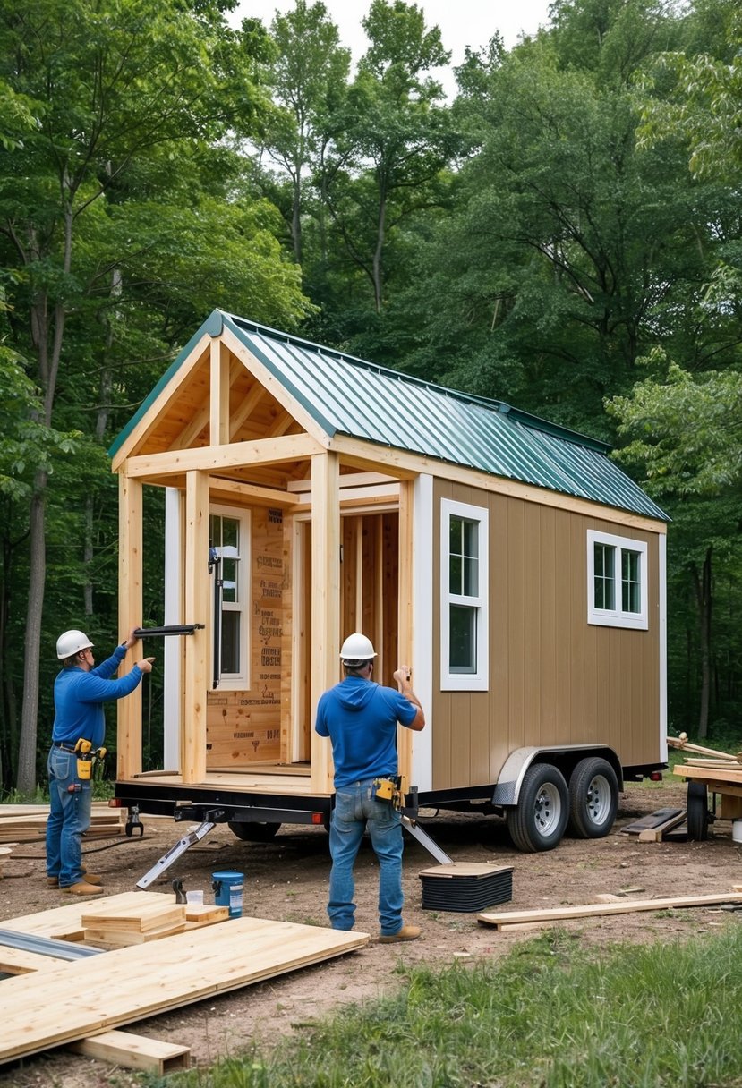 A tiny house being constructed in a wooded area of Michigan, with workers assembling the frame and adding siding and roofing materials