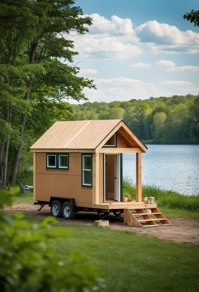 A carpenter constructs a tiny home in a wooded area of Michigan, surrounded by lush greenery and a serene lake