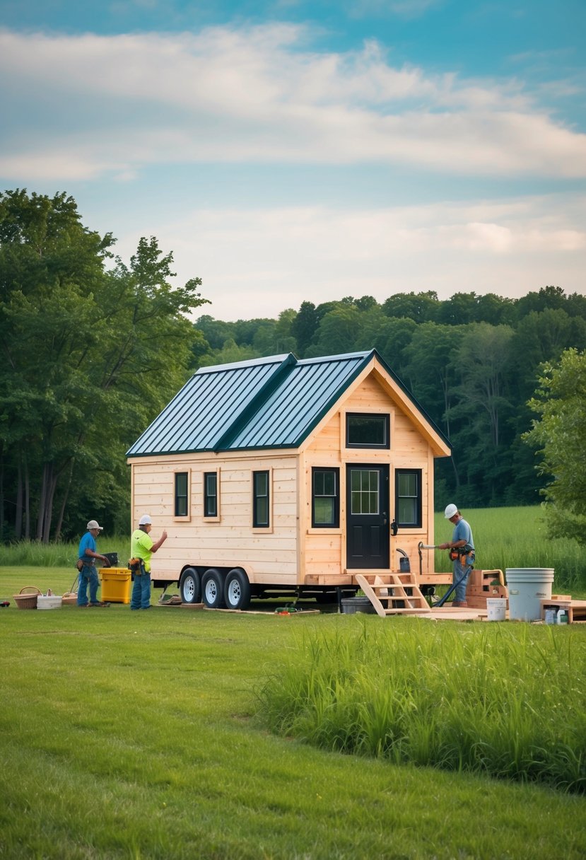 A tiny house nestled in the Michigan countryside, surrounded by lush greenery and a serene landscape. A small construction crew works diligently to build the structure, with materials and tools scattered around the site