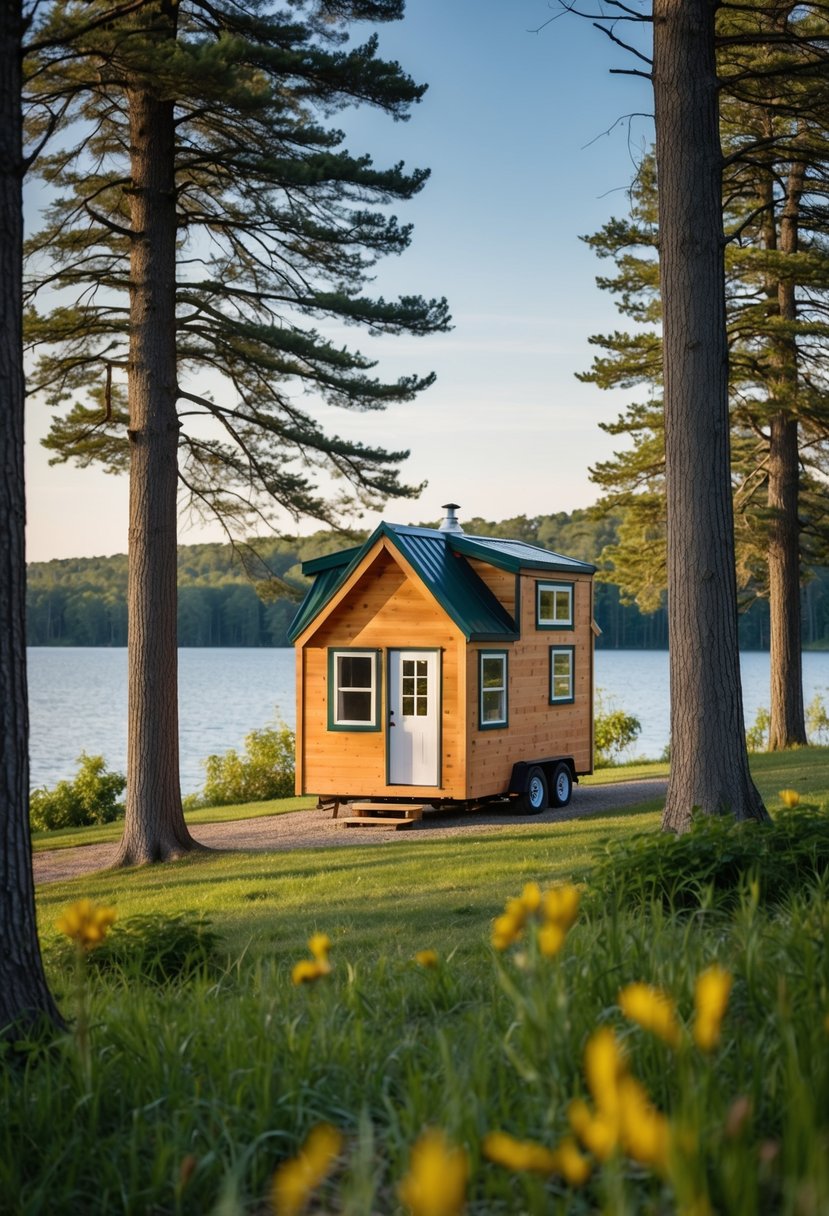 A cozy tiny house nestled in a wooded area of Michigan, surrounded by tall trees and a serene lake in the distance