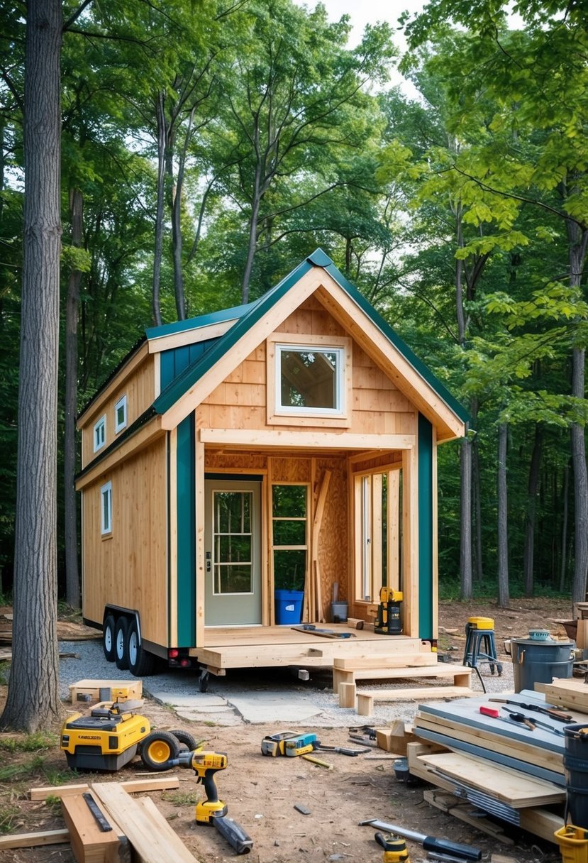 A tiny house under construction in a wooded area of Michigan, with tools and building materials scattered around