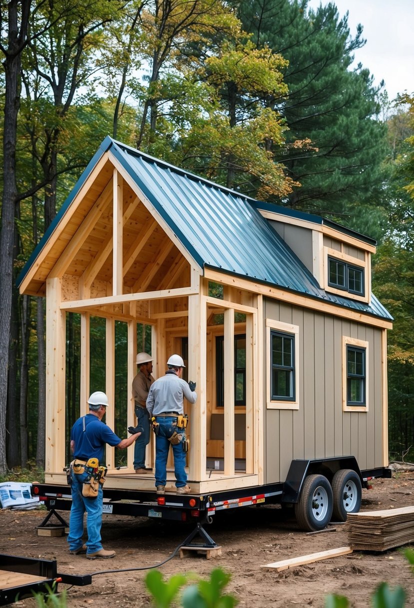 A tiny house being constructed in a wooded area of Michigan, with workers assembling the frame and adding siding and roofing materials