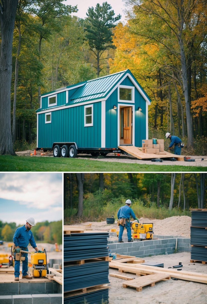 A tiny house surrounded by Michigan's natural beauty, with a construction crew working on the foundation and materials being delivered