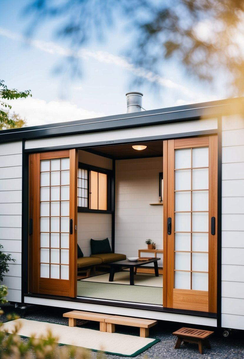 A cozy Japanese tiny house with sliding doors, tatami mats, low furniture, and minimalist decor