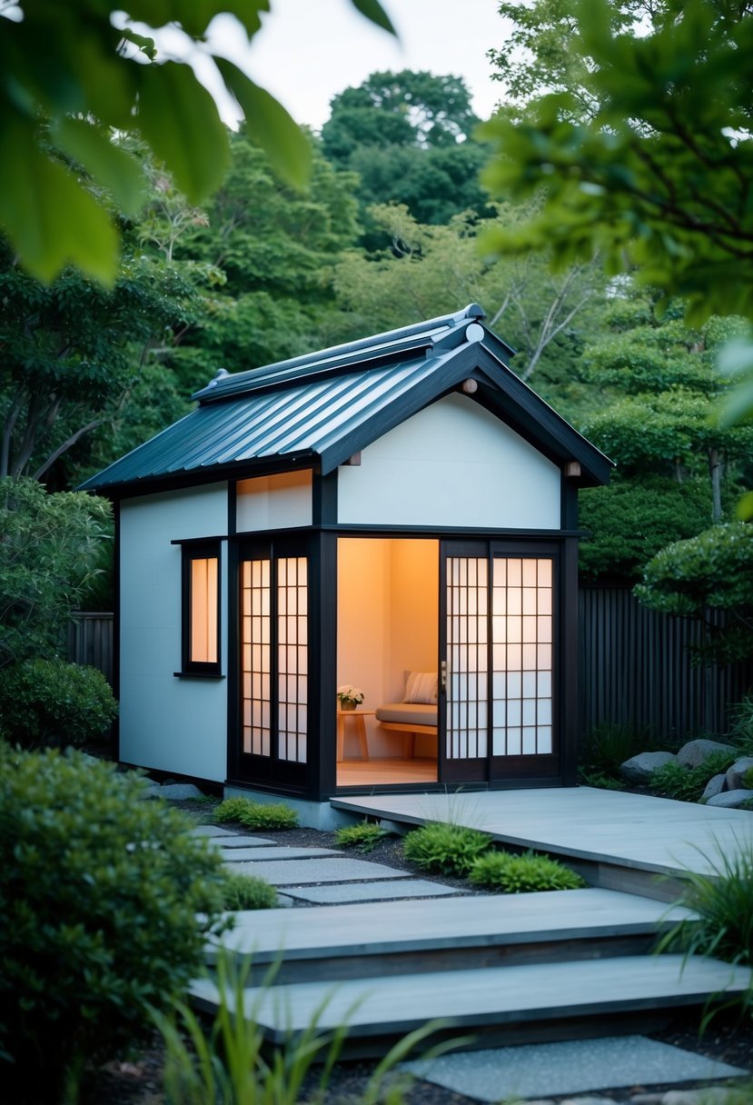 A serene Japanese-style tiny house nestled in a tranquil garden, with traditional shoji screens and a minimalist design