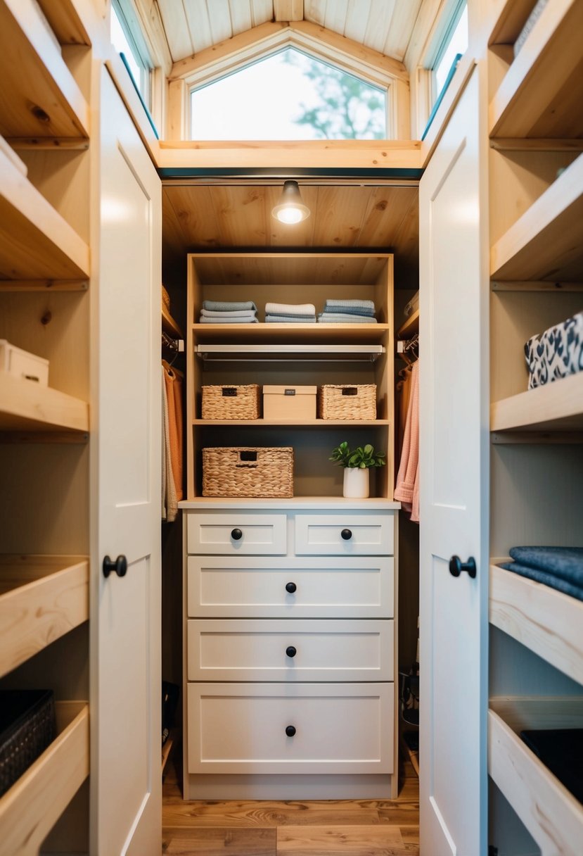 A small closet with neatly organized shelves and drawers in a tiny house