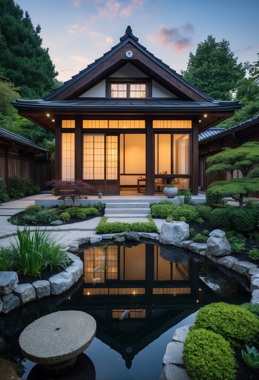 A serene Japanese-style tiny house surrounded by a meticulously landscaped garden with a koi pond and traditional wooden architecture