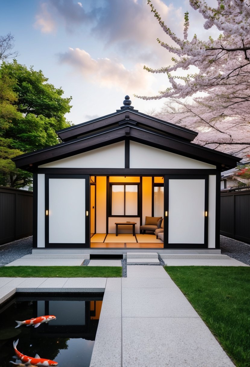 A traditional Japanese tiny house with sliding doors, tatami mats, and minimal furniture, surrounded by a serene garden with a koi pond and cherry blossom trees