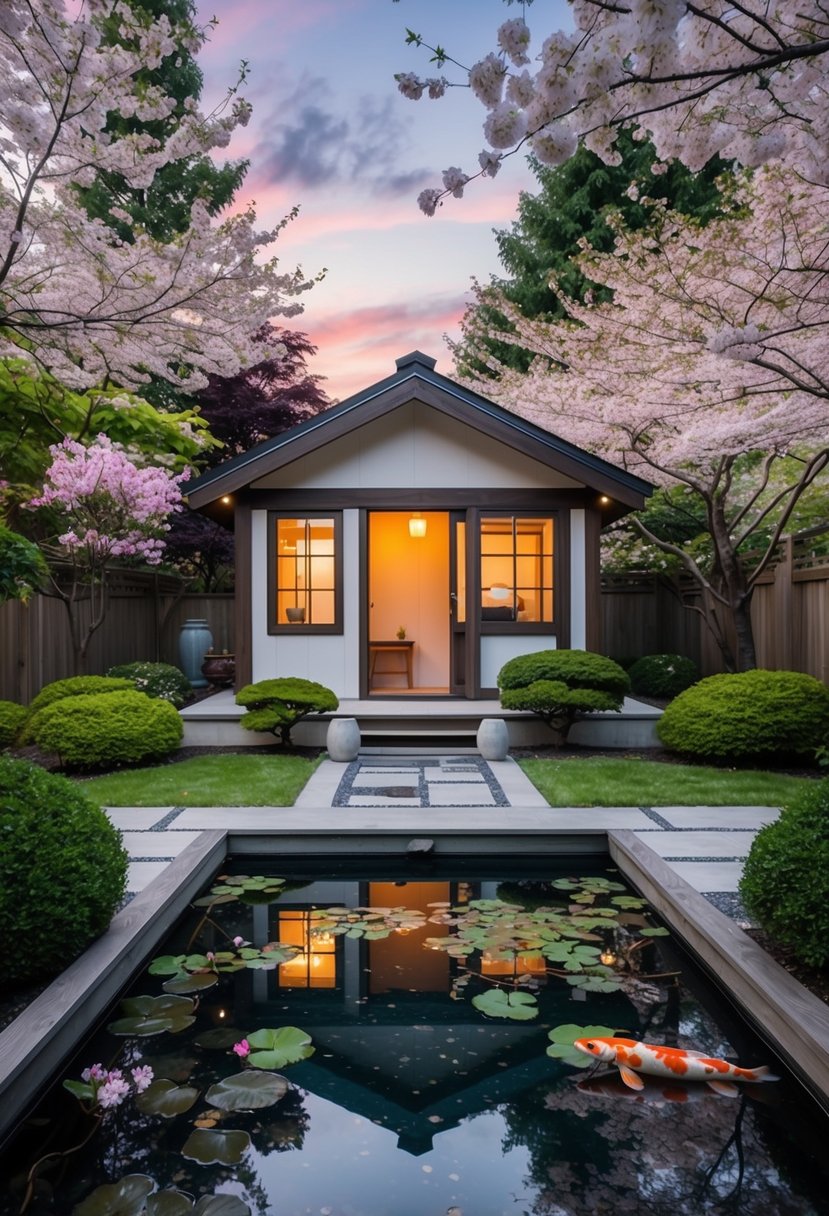 A serene Japanese-style tiny house surrounded by a tranquil garden with a koi pond and cherry blossom trees