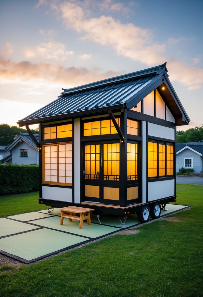 A small Japanese-style tiny house with traditional architectural features, including shoji screens, tatami mats, and a low-pitched roof