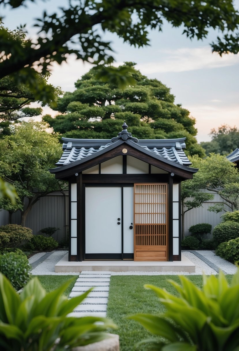 A small Japanese-style tiny house surrounded by a serene garden, featuring traditional architecture and minimalist design