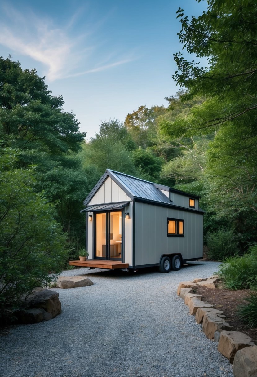 A minimalist Japanese-style tiny house nestled in a serene natural setting, featuring clean lines, traditional elements, and a compact yet functional design