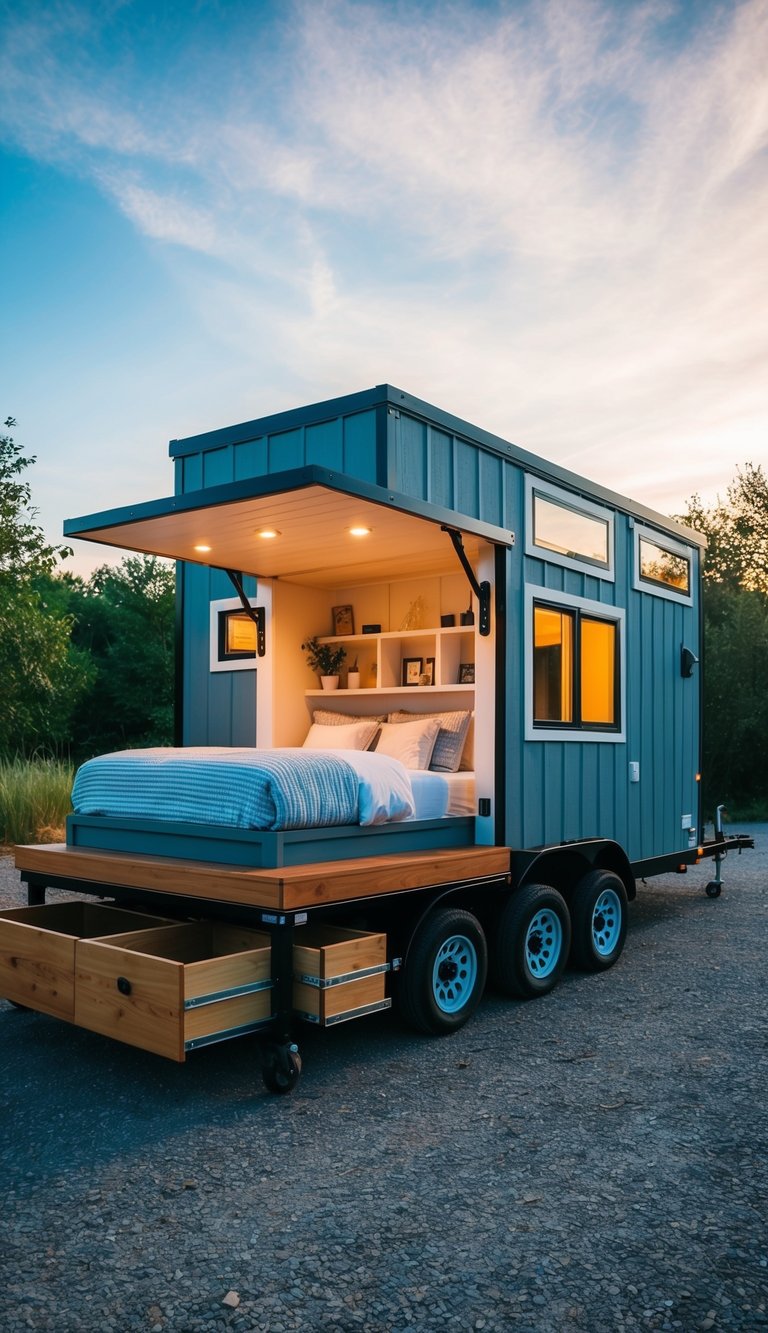 A cozy tiny home on wheels with built-in storage solutions, including under-bed drawers, wall-mounted shelves, and multi-purpose furniture