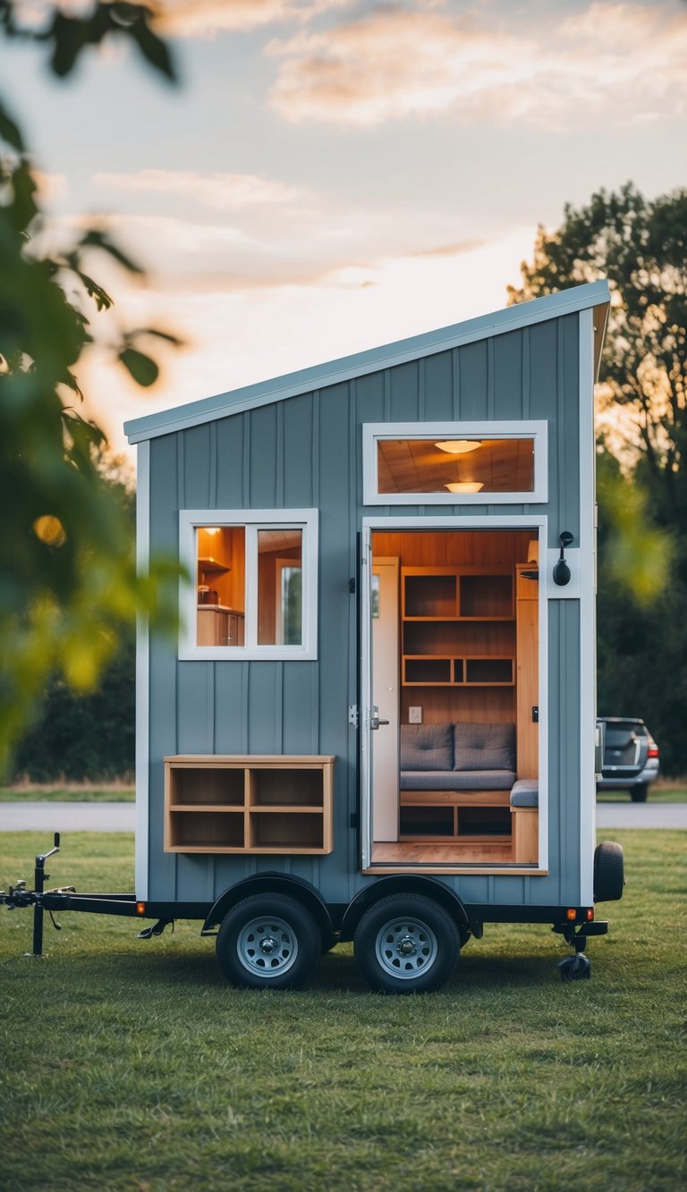 A cozy tiny house on wheels with clever storage solutions, including built-in shelves, hidden compartments, and multi-functional furniture