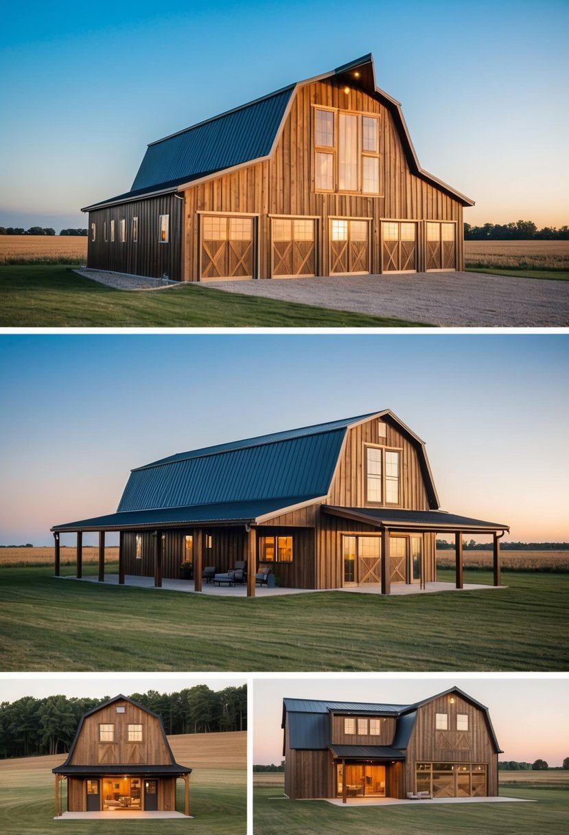 A spacious 5-bedroom barndominium with a loft, featuring a rustic exterior and large windows, surrounded by open fields and a clear blue sky