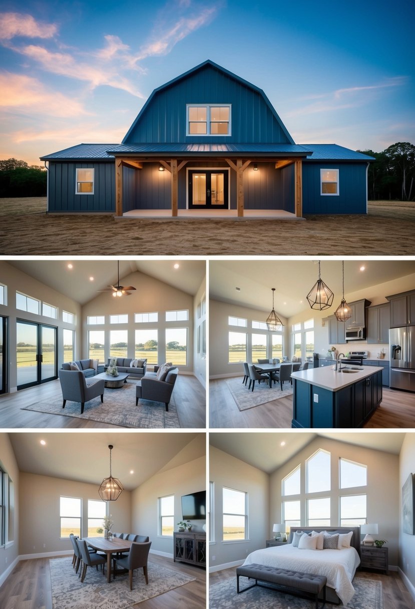 A spacious 4-bedroom barndominium with an open floor plan, high ceilings, large windows, and modern fixtures