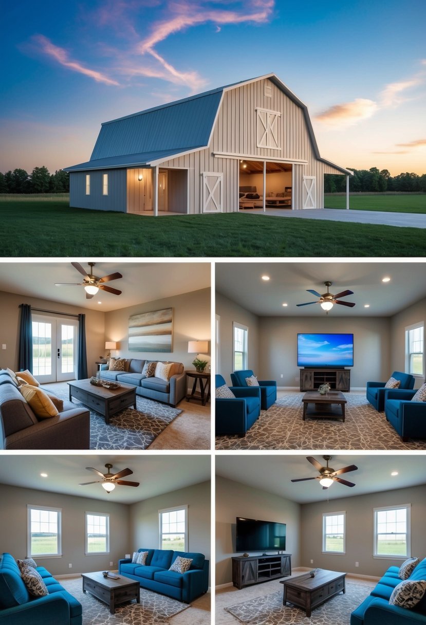 A spacious barndominium floor plan with 4 bedrooms and a specialty room, such as a game room or home theater, with ample space for entertaining and relaxing