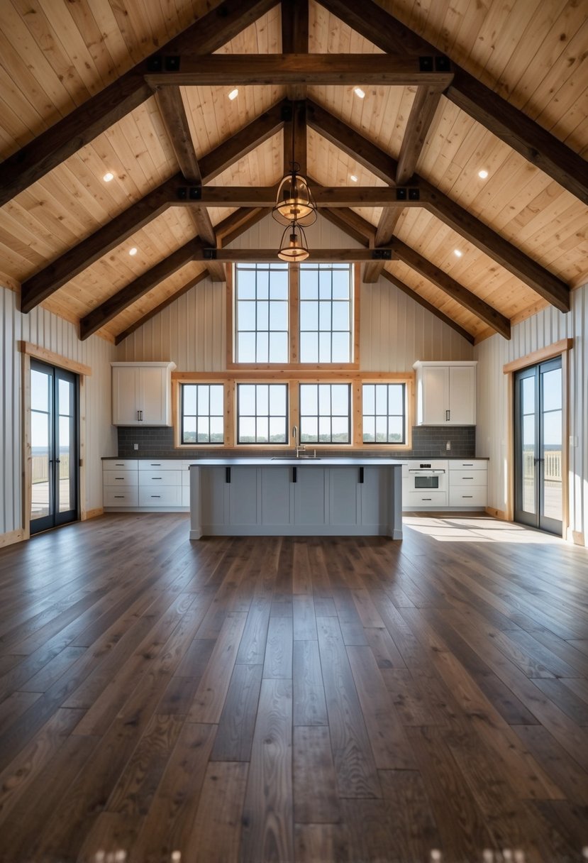 A spacious, open-concept barndominium with four bedrooms, large windows, and a modern kitchen