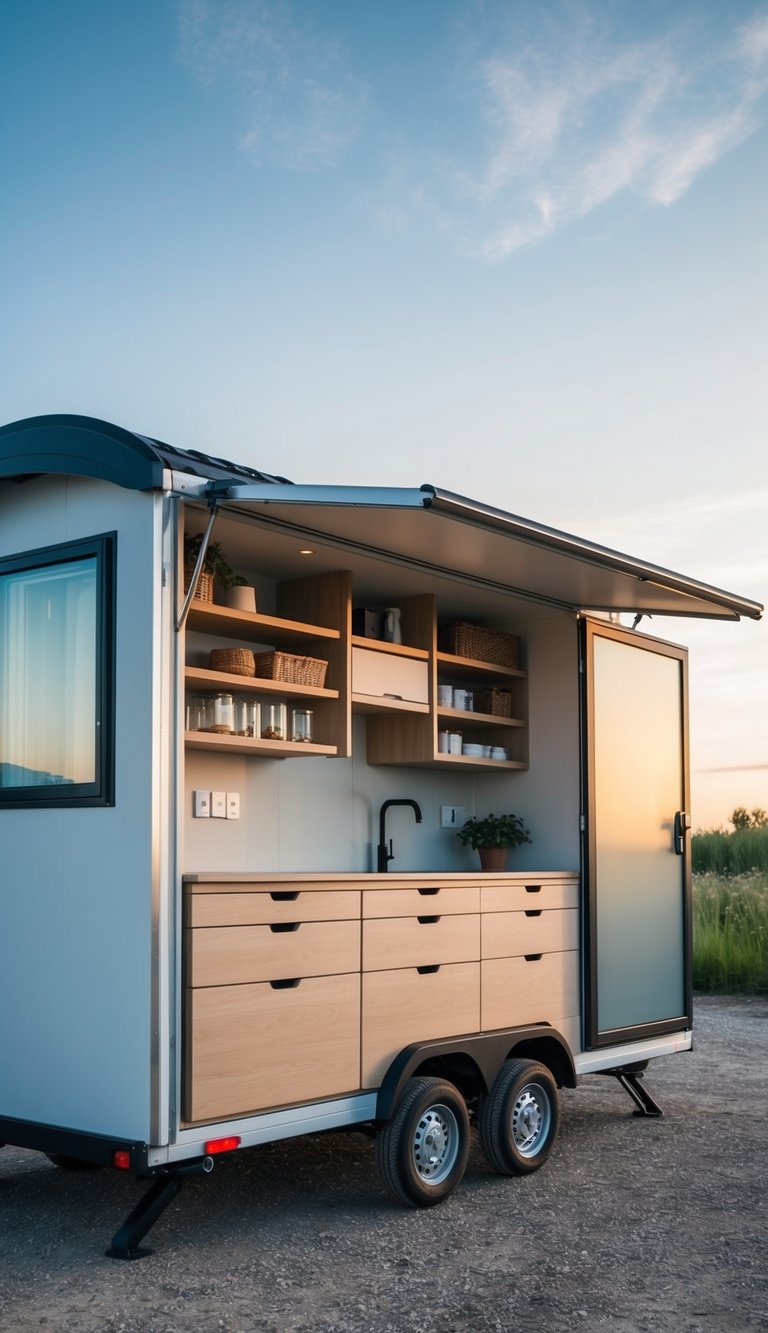 A compact, mobile home with clever built-in storage solutions, including shelves, drawers, and hanging organizers, maximizing space efficiency