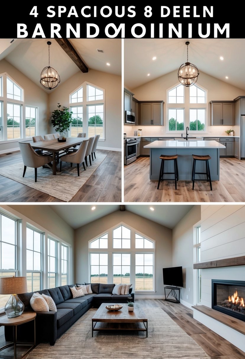 A spacious 4-bedroom barndominium floor plan with open living areas, large windows, modern kitchen, and a cozy fireplace