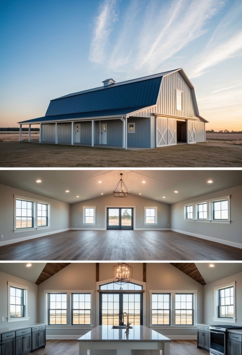 A spacious barndominium with 7 bedrooms, open floor plan, large windows, and modern design