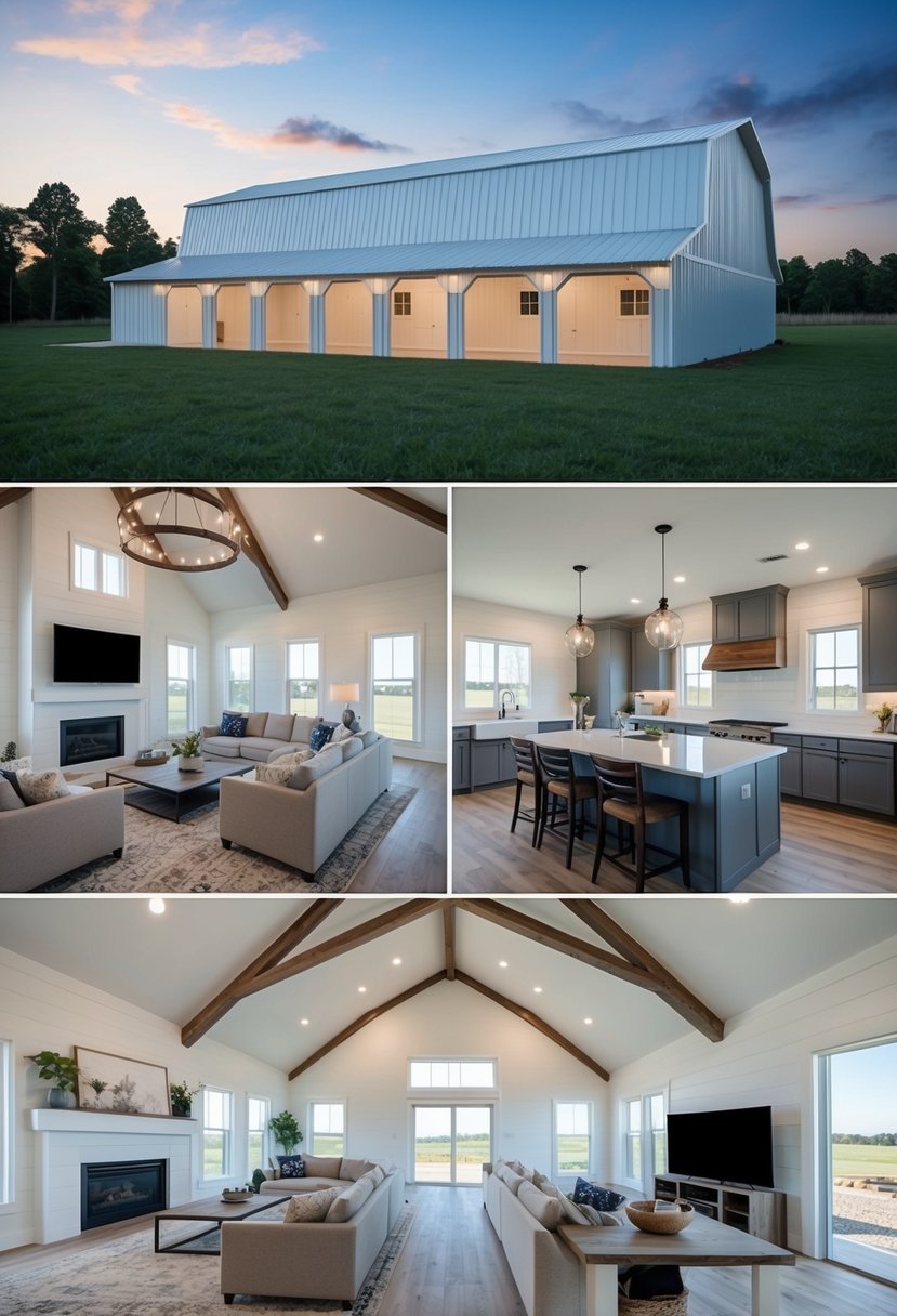 A spacious barndominium with 7 bedrooms, featuring an open floor plan with a large living area, modern kitchen, and ample natural light