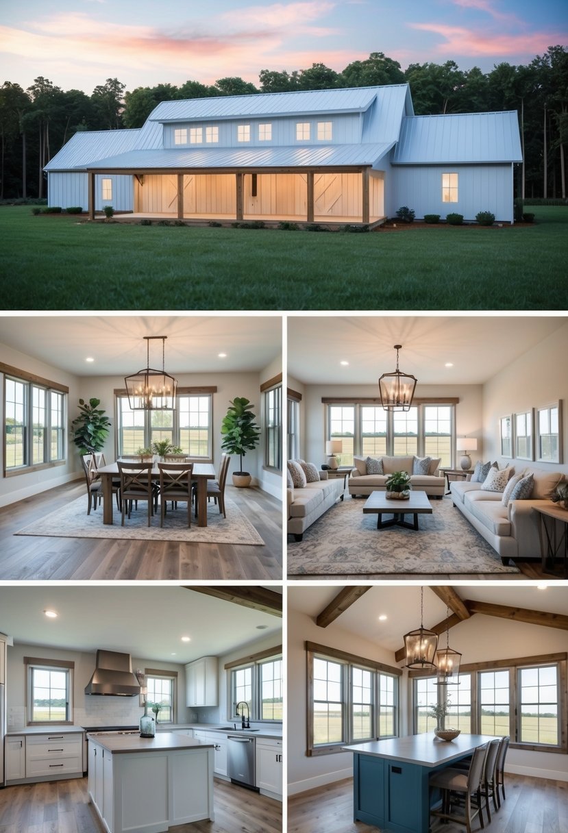 A spacious 7-bedroom barndominium floor plan with open living areas, large windows, and a modern kitchen