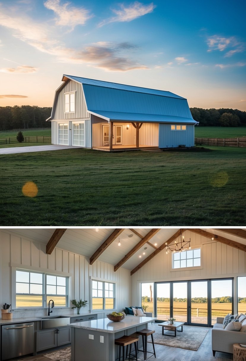 A spacious 2-bedroom barndominium with an open floor plan, featuring a cozy living area, modern kitchen, and large windows overlooking the countryside