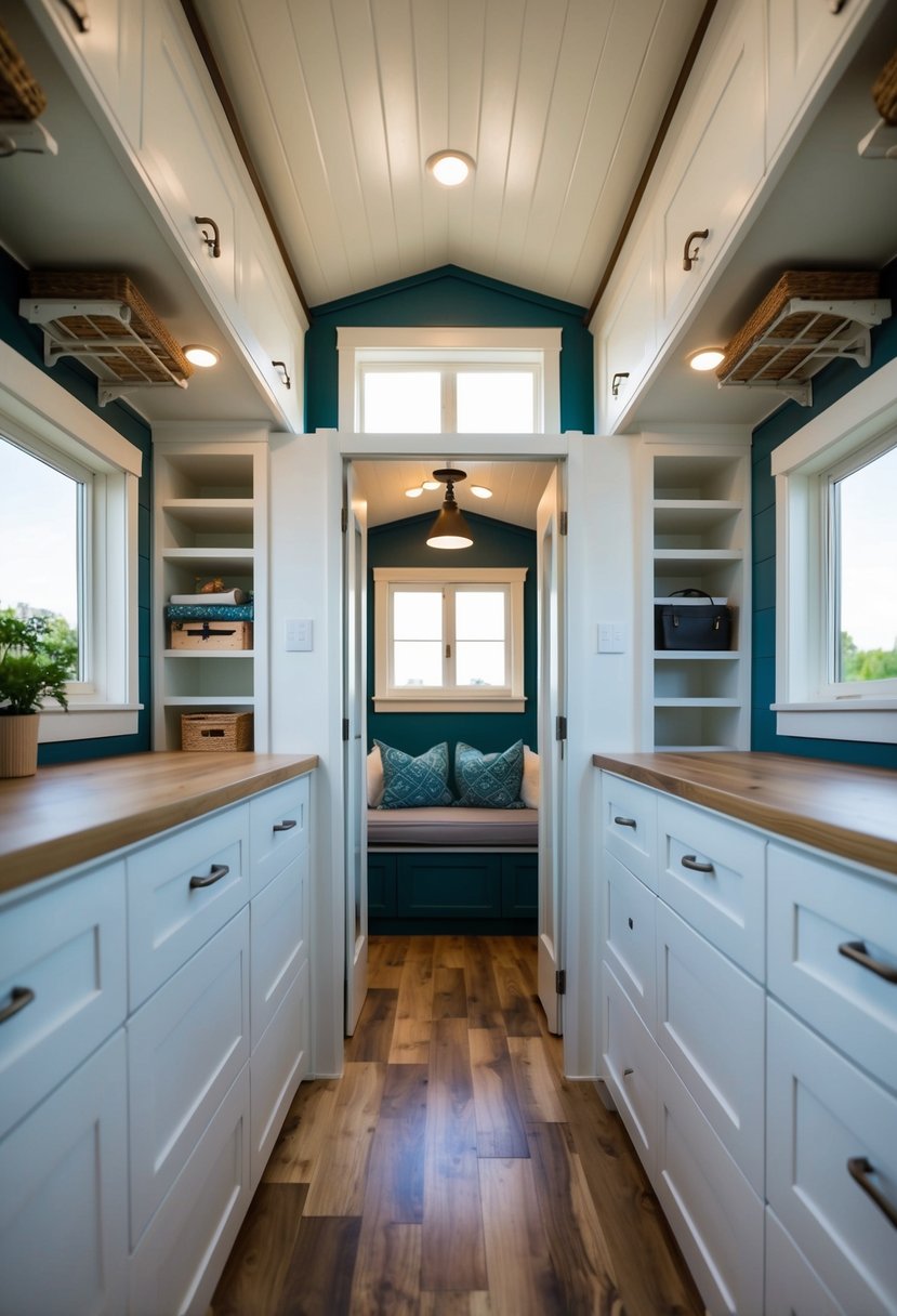 A tiny house interior with cleverly designed storage solutions, including built-in closets and innovative space-saving ideas