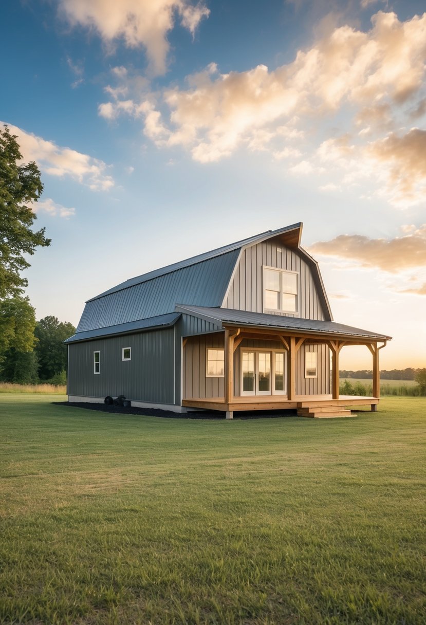 A 30x40 barndominium with a spacious open floor plan, large windows, and a wrap-around porch nestled in a picturesque rural setting