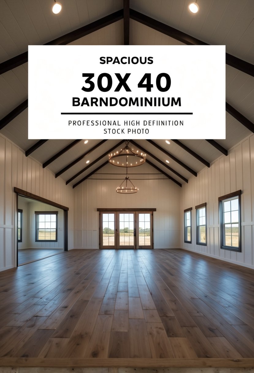 A spacious 30x40 barndominium floor plan with an open layout, high ceilings, large windows, and modern fixtures