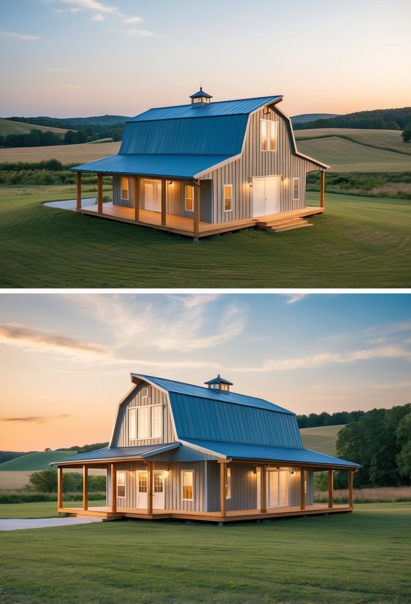 A spacious single-story barndominium with open floor plan, large windows, and a wrap-around porch, surrounded by rolling hills and a serene countryside