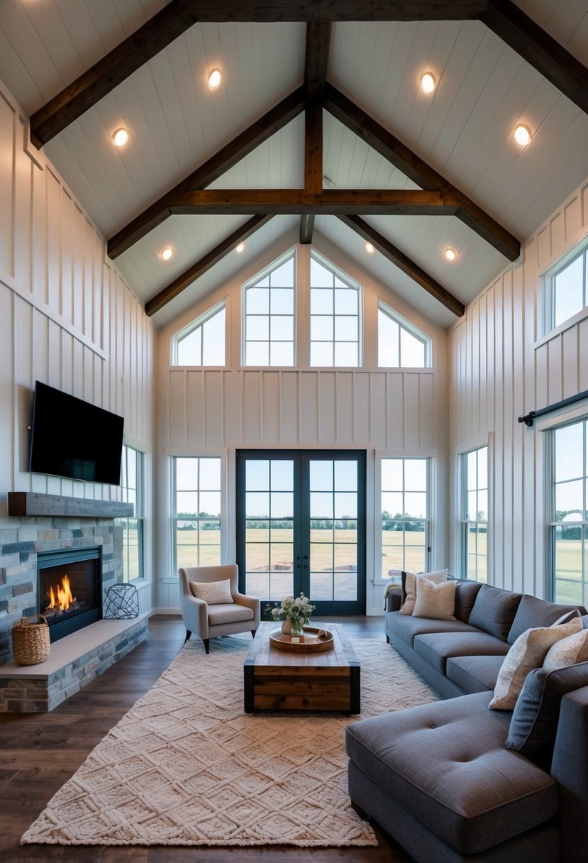 A spacious and modern barndominium floor plan with an open-concept living area, high ceilings, large windows, and a cozy fireplace