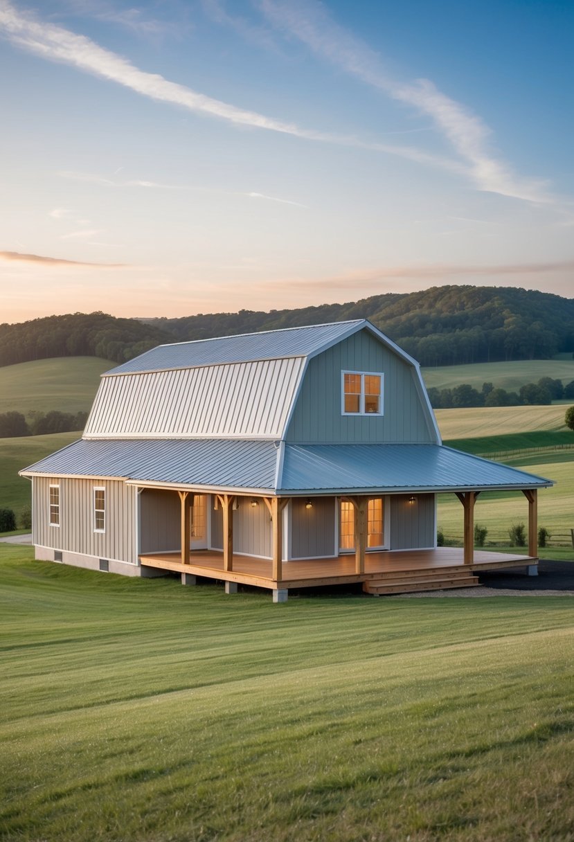 A spacious single-story barndominium with an open floor plan, large windows, and a wrap-around porch, nestled in a rural setting with rolling hills and a serene landscape