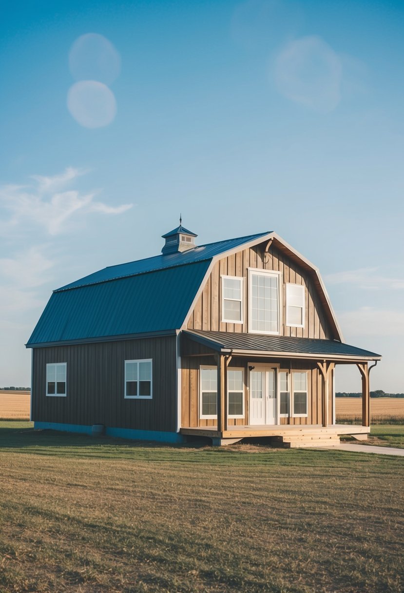 A spacious single-story barndominium with a rustic exterior, large windows, and a welcoming front porch, surrounded by open fields and a clear blue sky