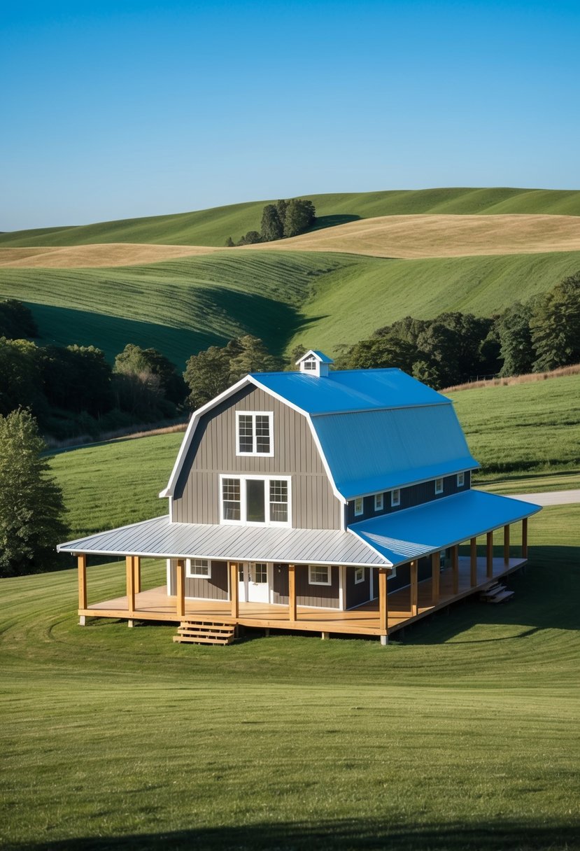 A spacious single-story barndominium with open floor plan, large windows, and a wrap-around porch, surrounded by rolling hills and a clear blue sky