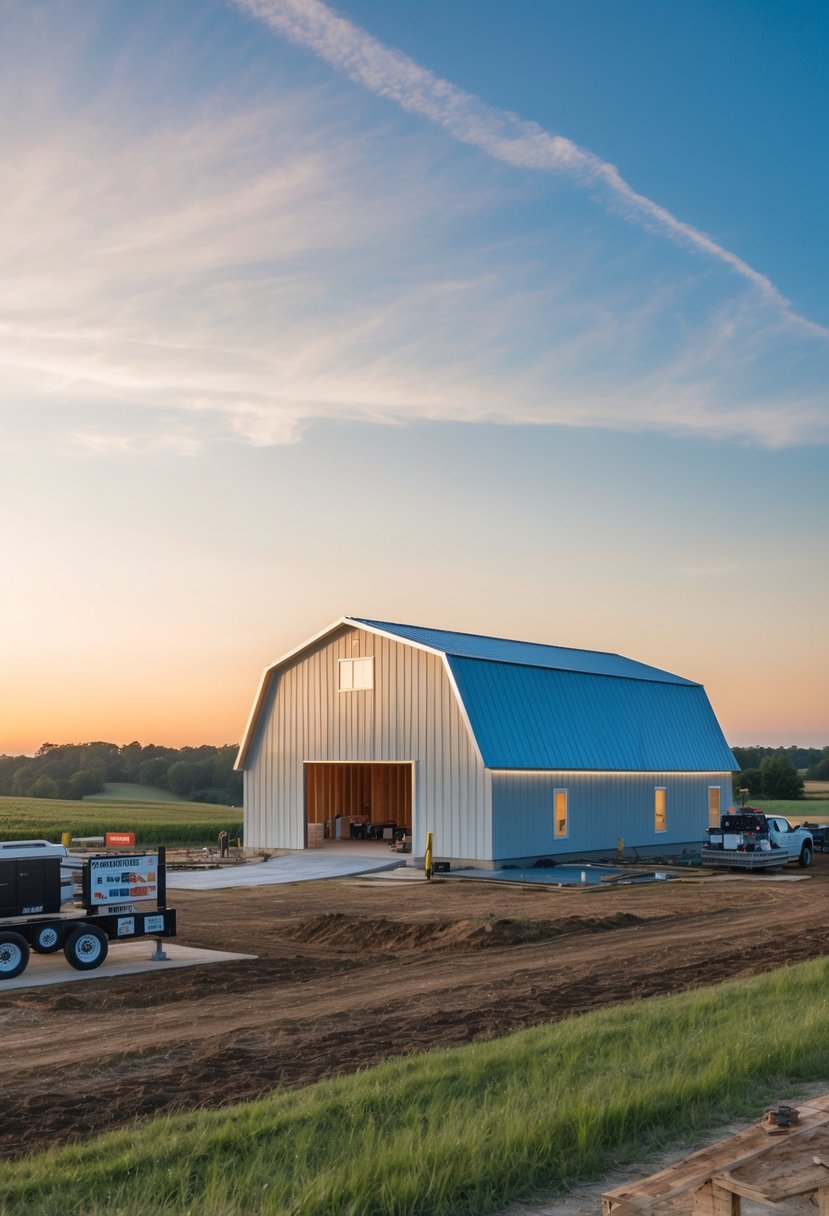 A rural landscape with a modern, metal-clad barn-style home being constructed, surrounded by construction equipment and materials